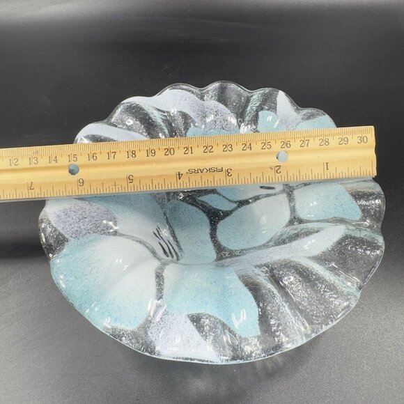 Sydenstricker Bowl Dish Fused Art Glass Ruffled Clear Blue Flowers VTG Signed - Picture 2 of 13